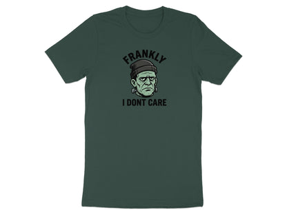 Frankenstein's monster with text "FRANKLY I DONT CARE" on a dark green t-shirt.