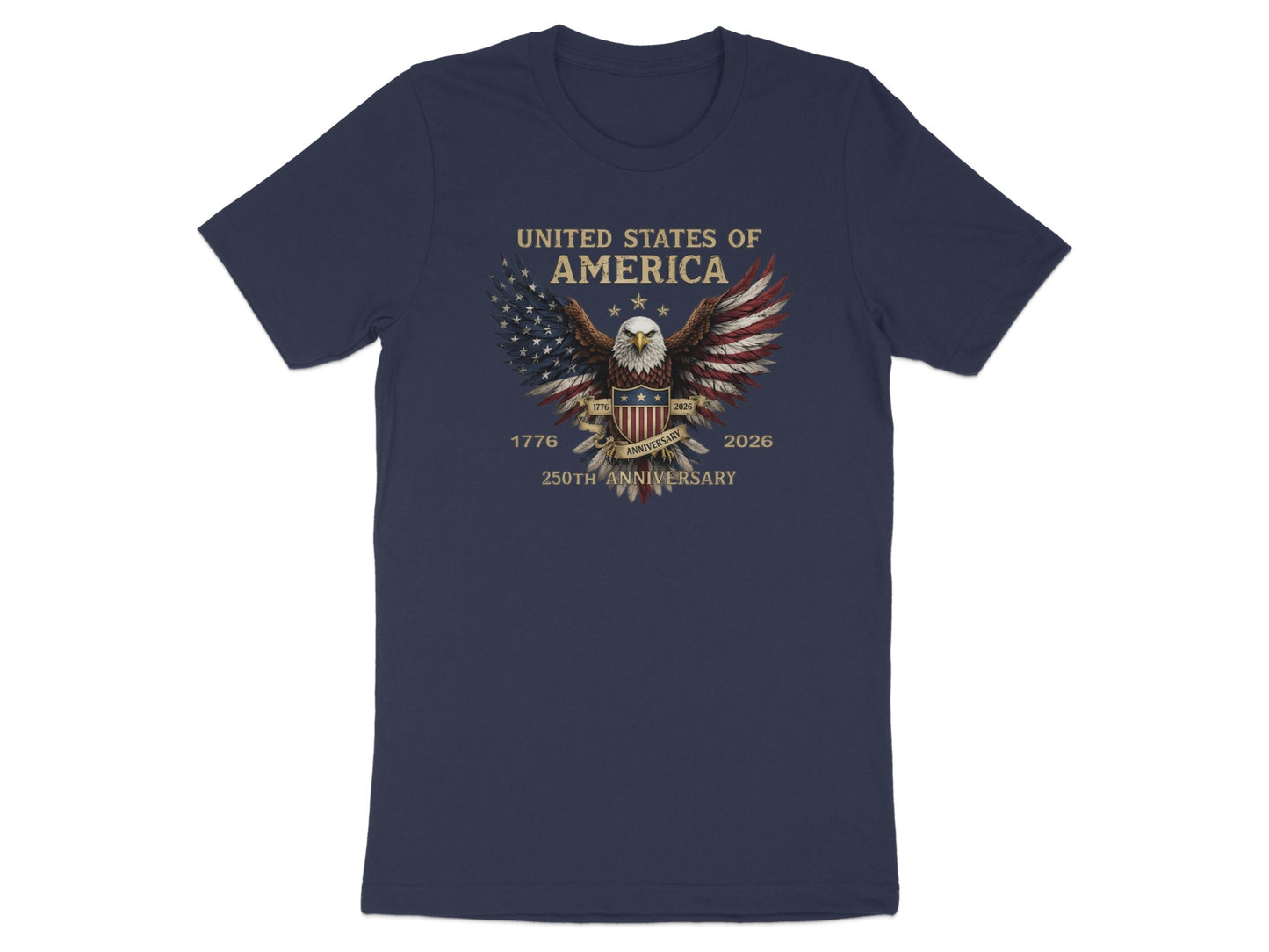 Navy t-shirt with American flag eagle and "United States of America 250th Anniversary" text.