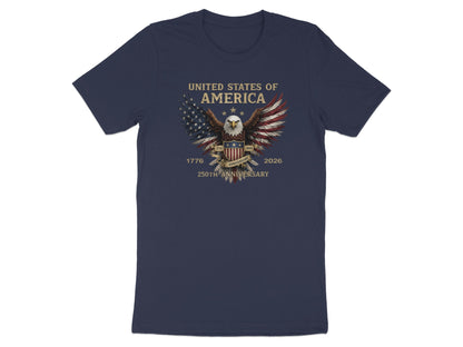 Navy t-shirt with American flag eagle and "United States of America 250th Anniversary" text.