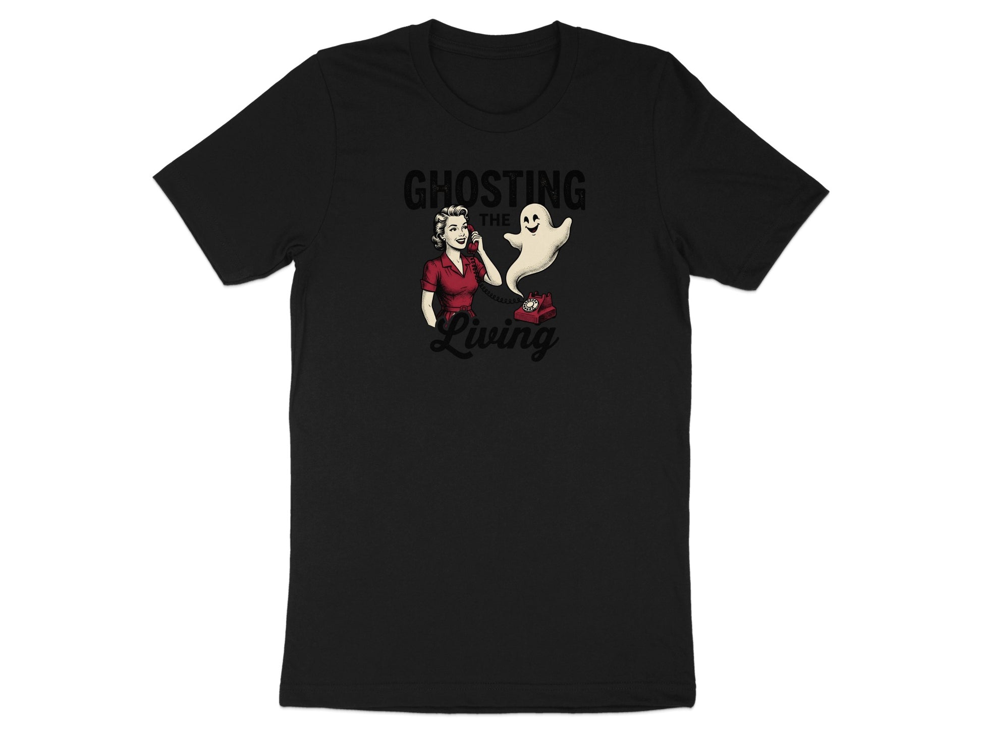 Ghosting the living graphic on a black t-shirt with a retro woman and a happy ghost.