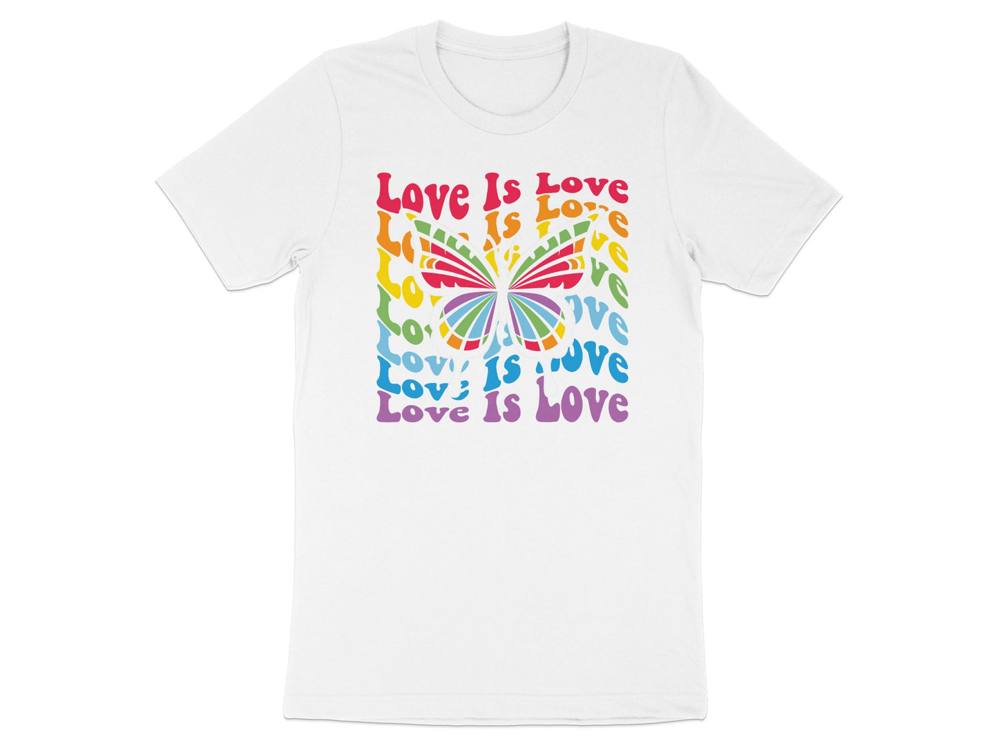 White t-shirt with colorful "Love Is Love" text and butterfly graphic.