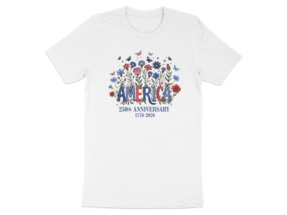 White t-shirt with "AMERICA" in floral letters and "250th ANNIVERSARY 1776-2026" text.