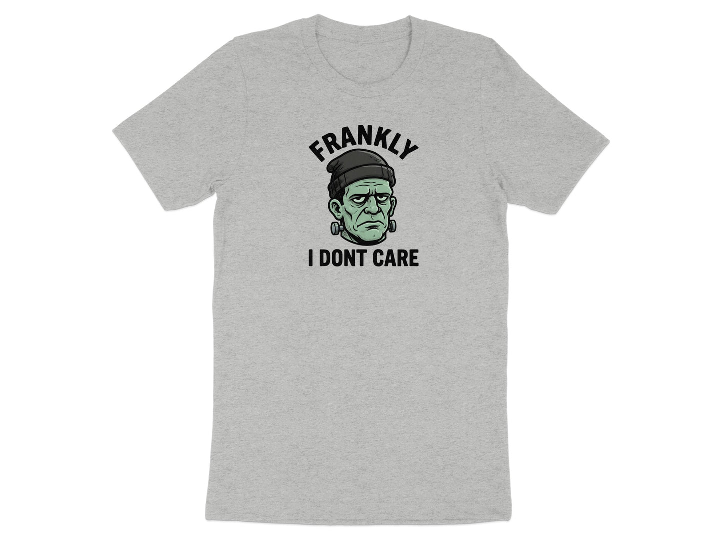 Grey t-shirt with Frankenstein's monster graphic and "FRANKLY I DONT CARE" text.