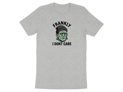 Grey t-shirt with Frankenstein's monster graphic and "FRANKLY I DONT CARE" text.