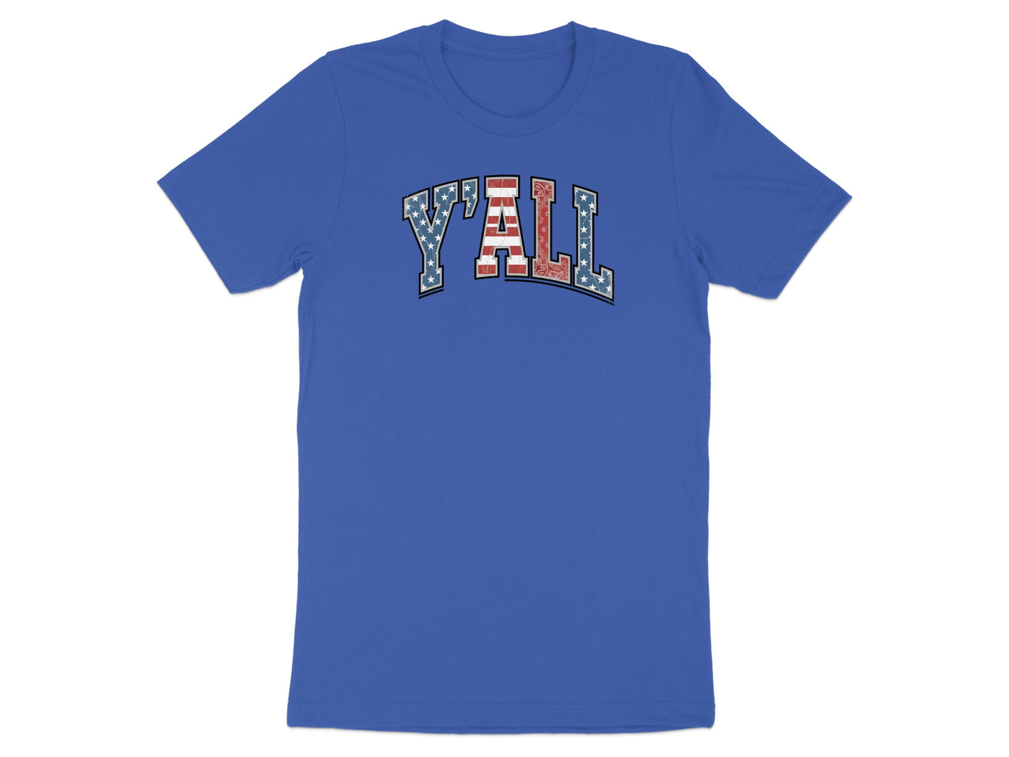 Blue t-shirt with "Y'ALL" printed in American flag design.