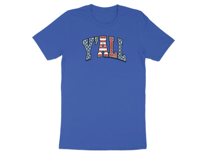 Blue t-shirt with "Y'ALL" printed in American flag design.