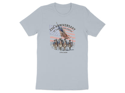 T-shirt graphic with soldiers and American flag, "250th Anniversary of the United States 1776-2026".
