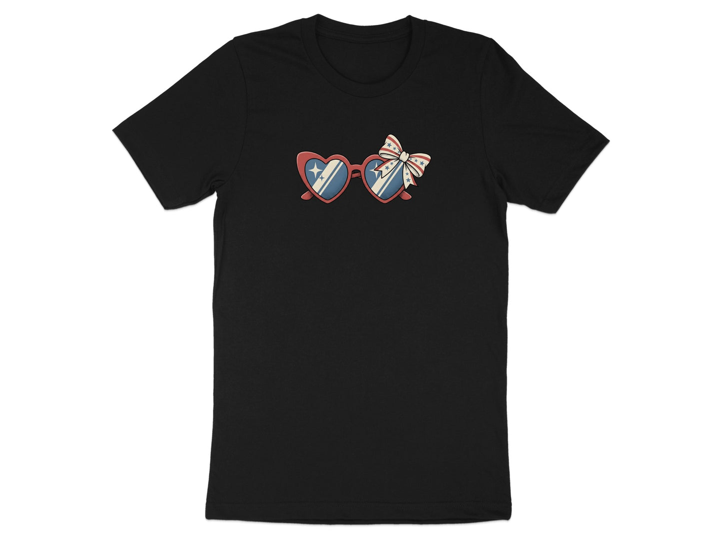 Black t-shirt with heart-shaped sunglasses and a star-spangled ribbon graphic.