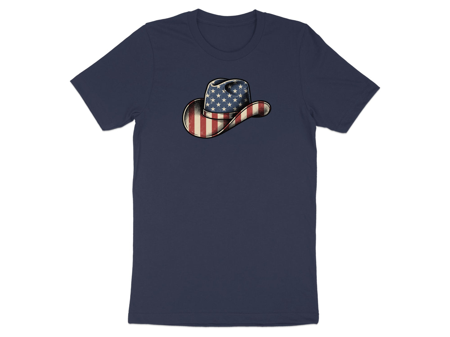 Navy t-shirt with a cowboy hat featuring an American flag design.