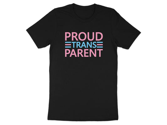Black t-shirt with "Proud Trans Parent" text in pink and blue stripes.