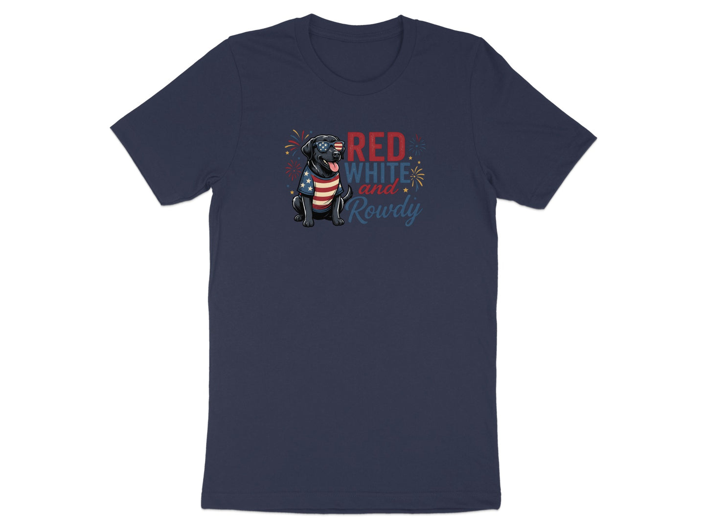 Black t-shirt with patriotic dog and "RED WHITE and Rowdy" text.