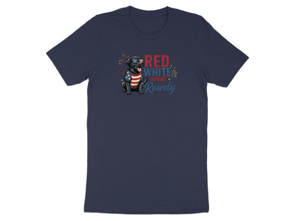 Black t-shirt with patriotic dog and "RED WHITE and Rowdy" text.