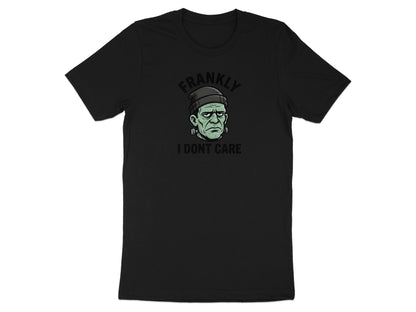 Black t-shirt with Frankenstein's monster graphic and text "Frankly I don't care".