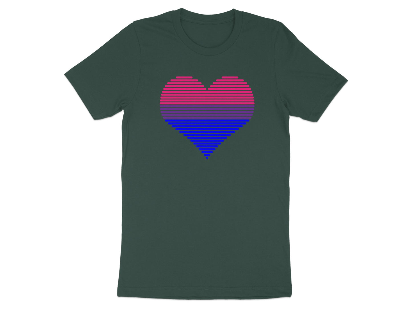 Dark green t-shirt with a pink, purple, and blue striped heart graphic.