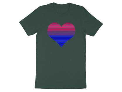 Dark green t-shirt with a pink, purple, and blue striped heart graphic.