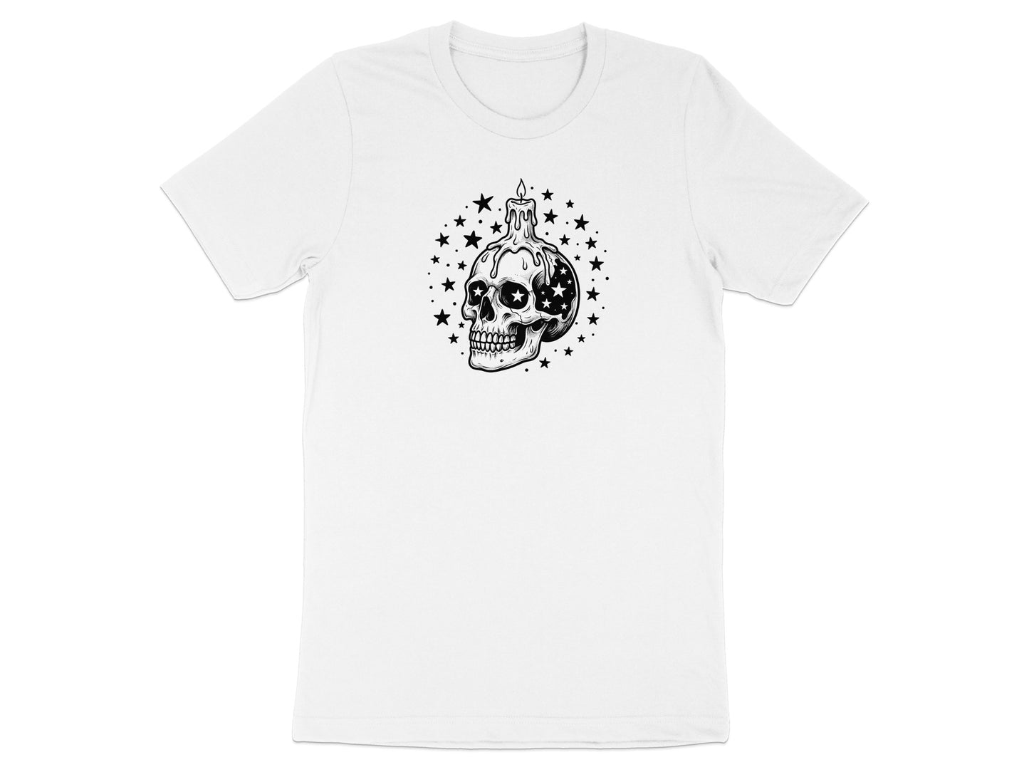 Black and white drawing of a skull with stars and a melting candle on a white t-shirt.