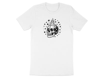 Black and white drawing of a skull with stars and a melting candle on a white t-shirt.