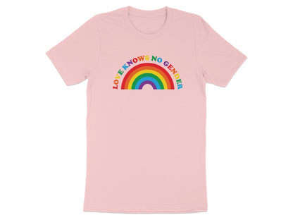 Pink t-shirt with a rainbow arc saying "LOVE KNOWS NO GENDER".