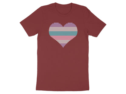 Maroon t-shirt with a horizontally striped heart in pastel colors.