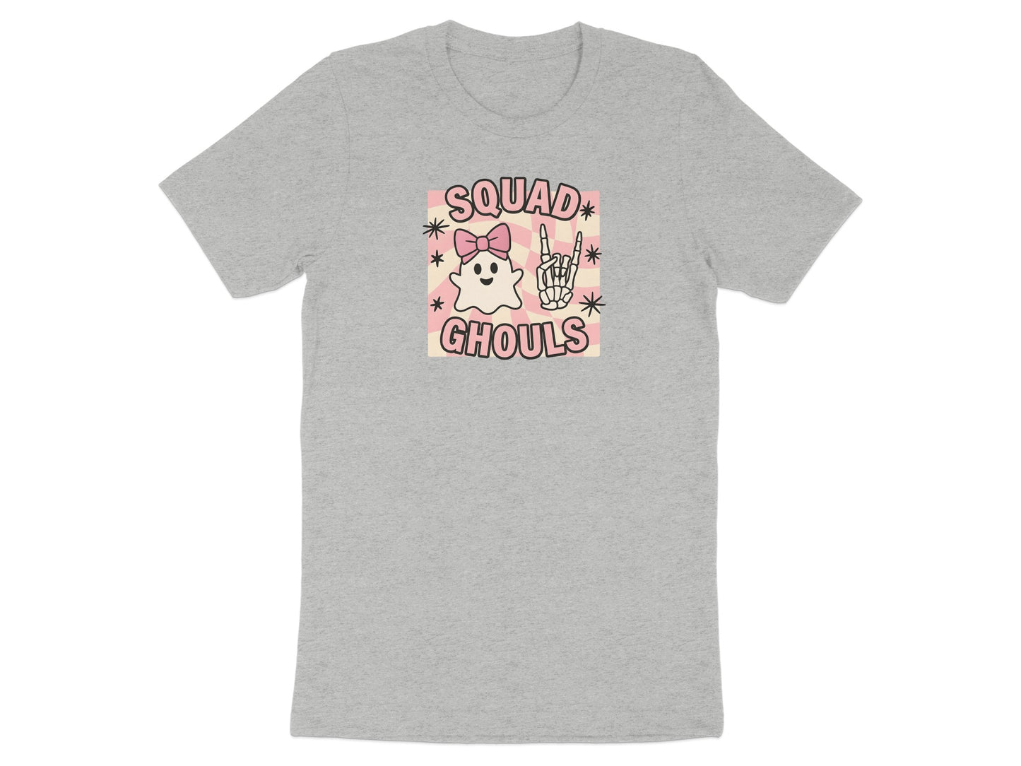 Grey t-shirt with "Squad Ghouls" graphic featuring a ghost, skeleton hand, and pink checkered background.