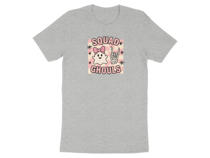 Grey t-shirt with "Squad Ghouls" graphic featuring a ghost, skeleton hand, and pink checkered background.