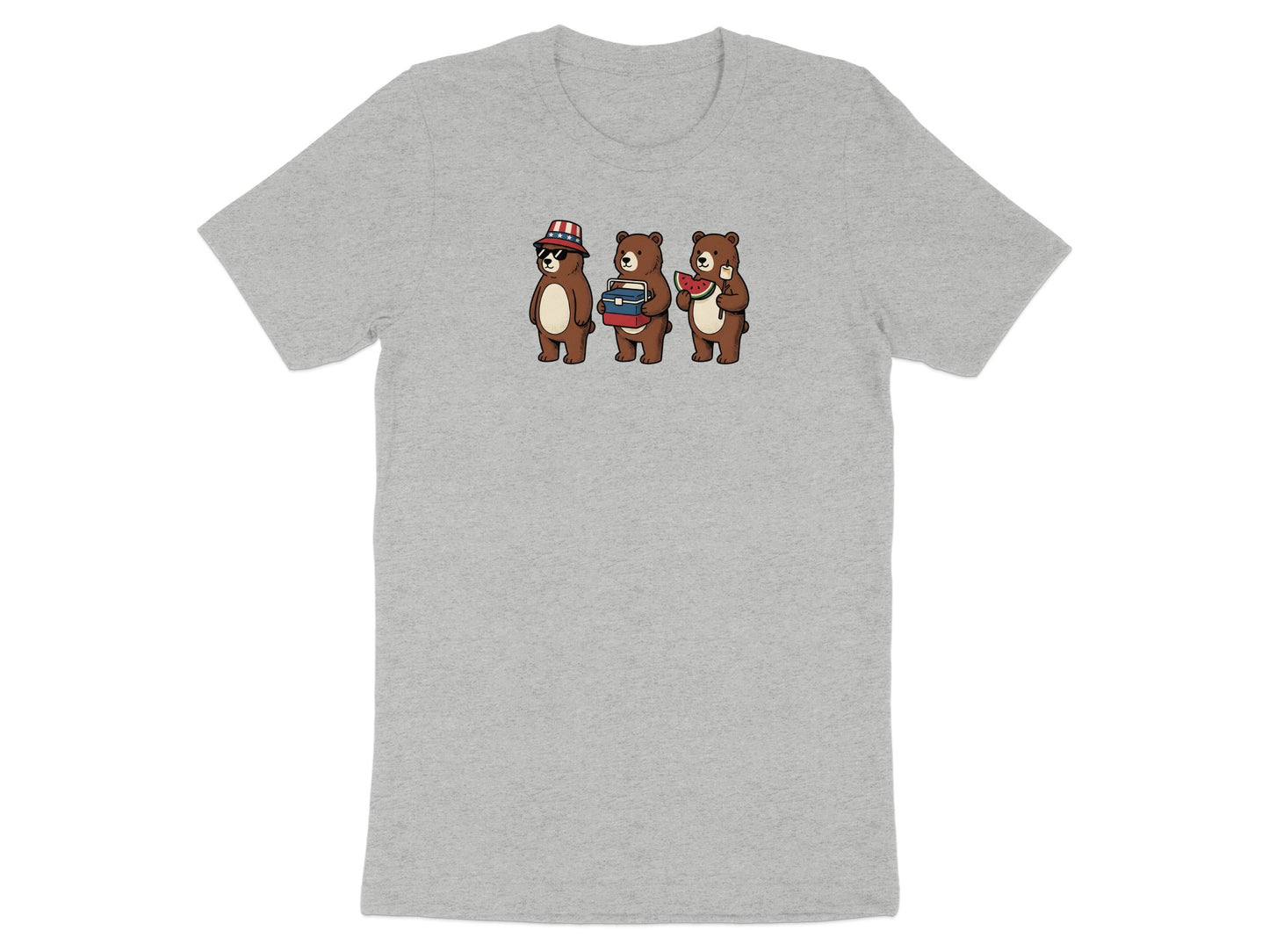 Three cartoon bears in patriotic hats holding books and watermelon.