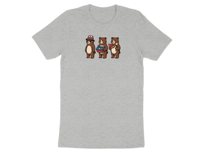 Three cartoon bears in patriotic hats holding books and watermelon.