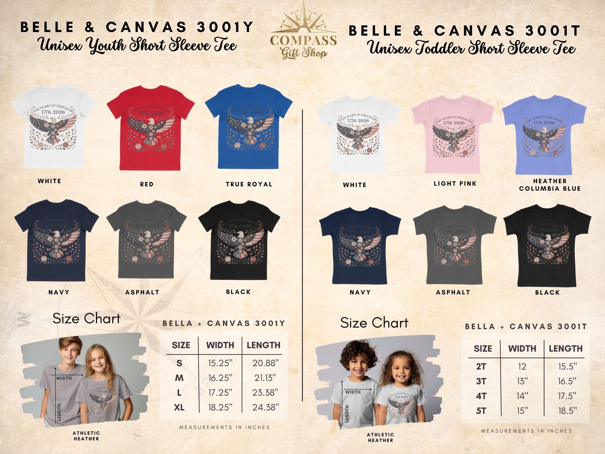Youth and toddler t-shirts with "250 Years of Freedom" patriotic eagle graphic.