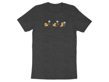 Dark t-shirt with cartoon skeletons and golden retrievers playing.