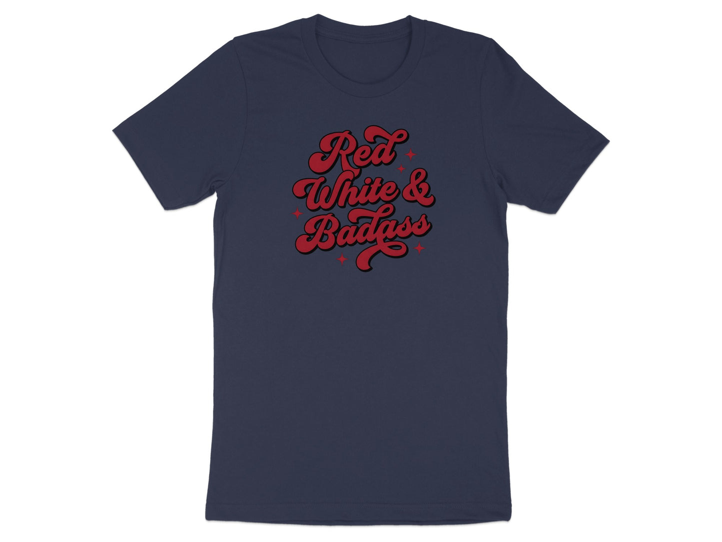 Navy t-shirt with "Red White & Badass" text.