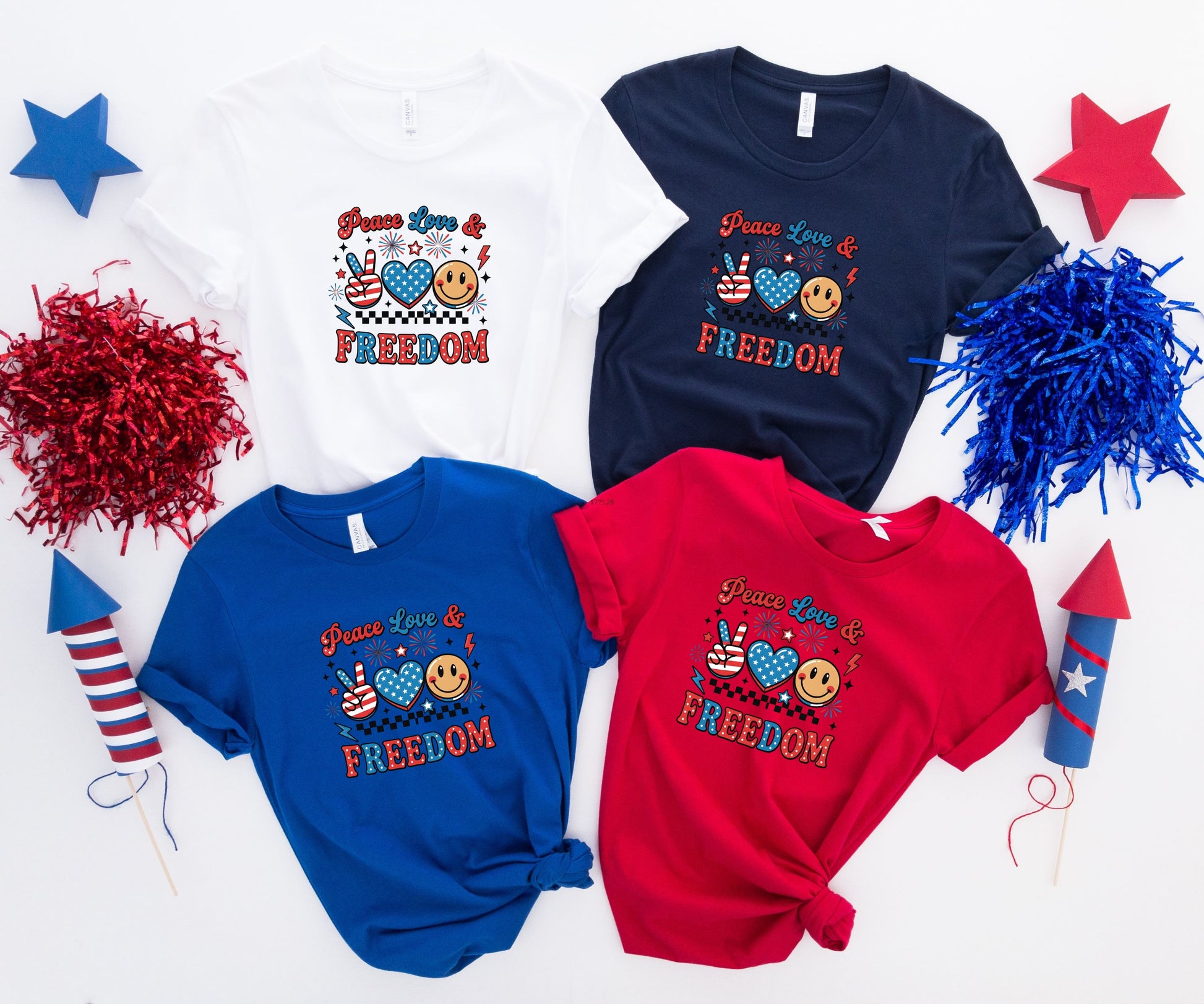 Four t-shirts with "Peace Love & FREEDOM" graphic.