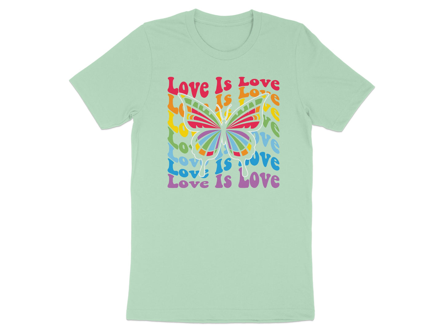 Mint t-shirt with rainbow butterfly and "Love Is Love" text.