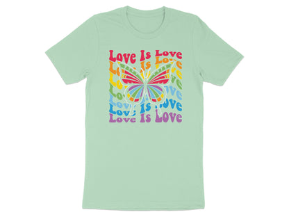 Mint t-shirt with rainbow butterfly and "Love Is Love" text.