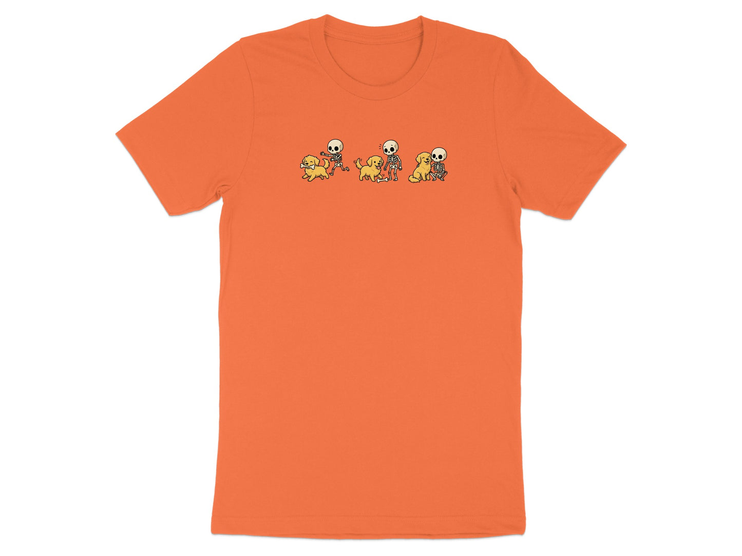 Orange t-shirt with cartoon skeletons and dogs illustration.