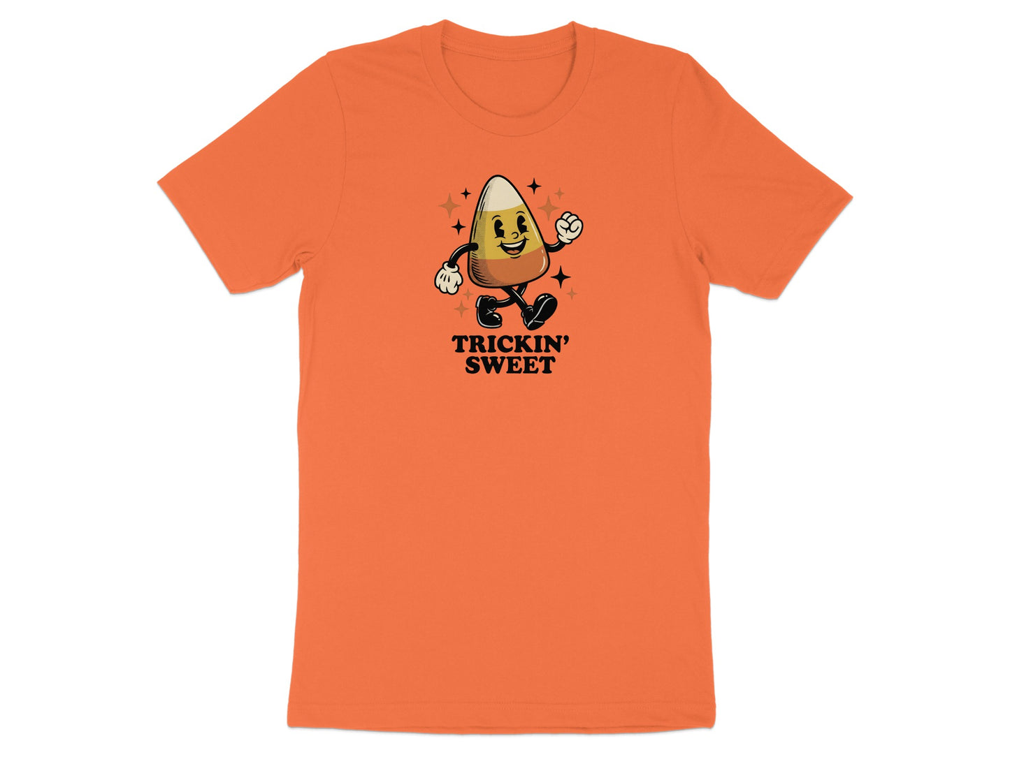 Orange t-shirt with cartoon candy corn saying "Trickin' Sweet".