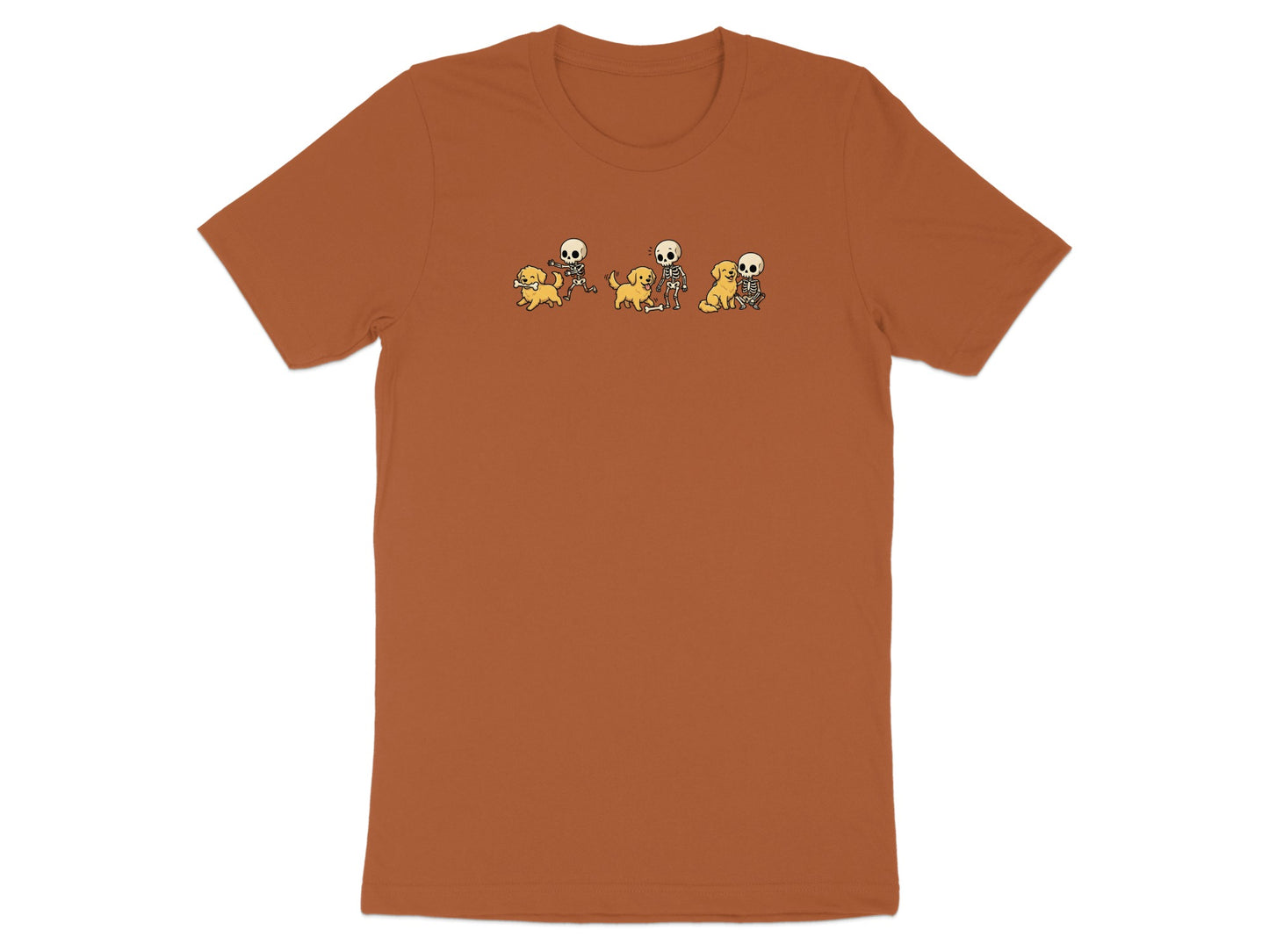 T-shirt with cartoon skeletons interacting with golden retrievers.