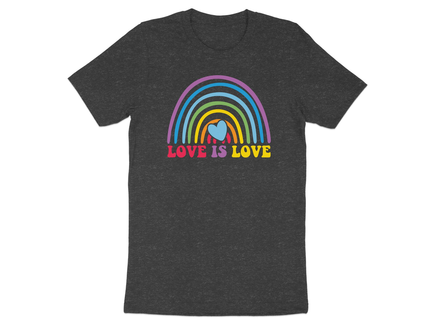 Dark t-shirt with colorful rainbow and "LOVE IS LOVE" text.