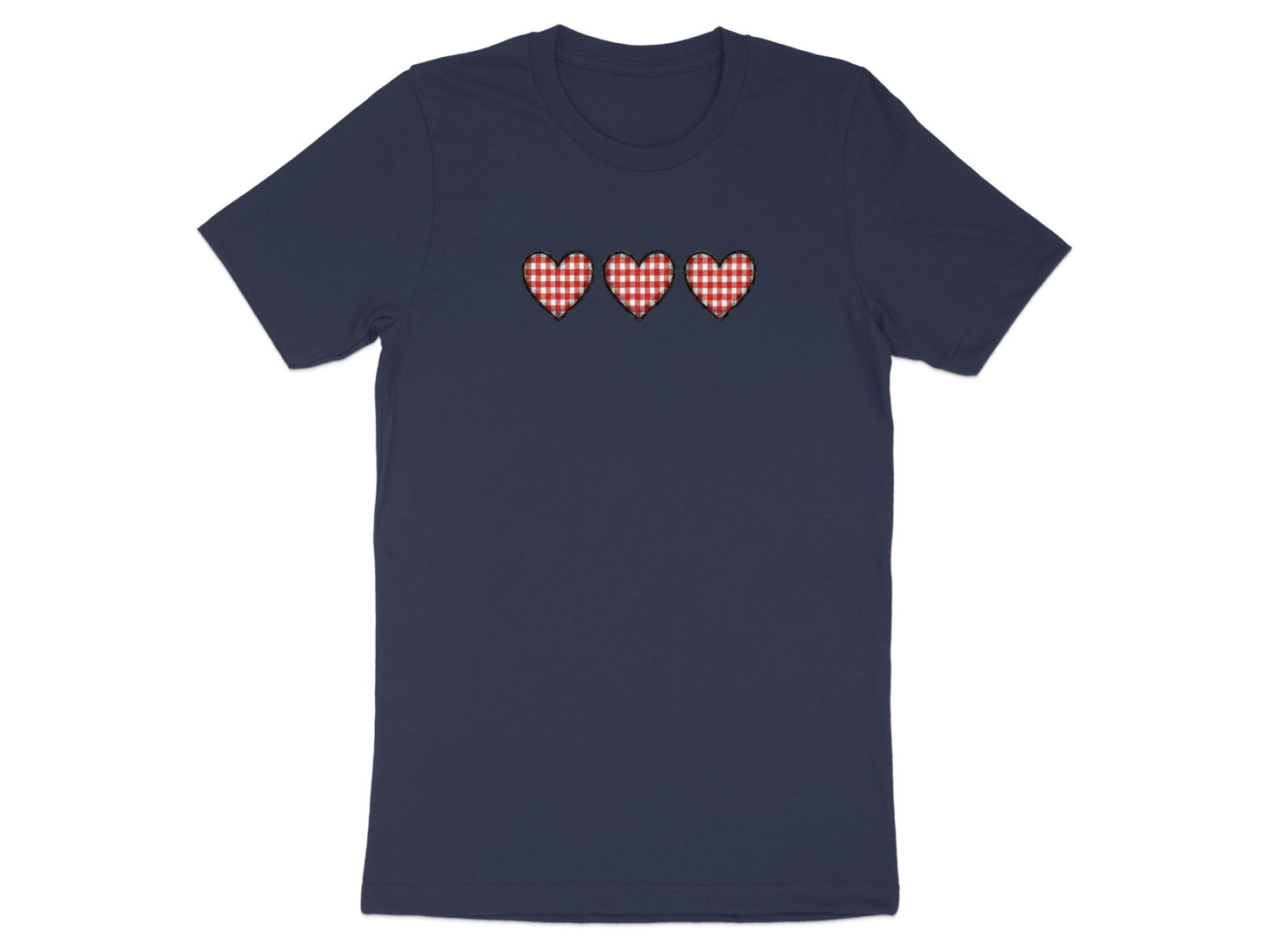 Navy t-shirt with three red and white gingham hearts.