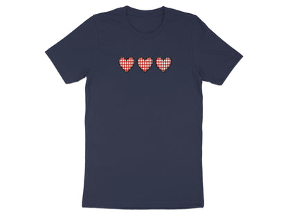 Navy t-shirt with three red and white gingham hearts.