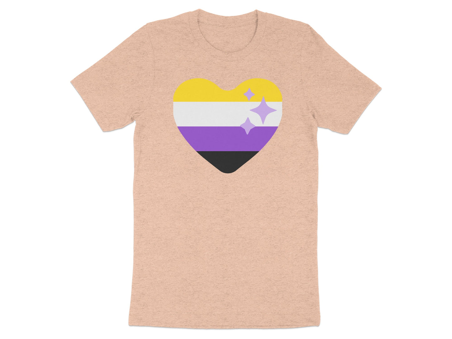 Peach t-shirt with a non-binary pride heart and sparkles design.