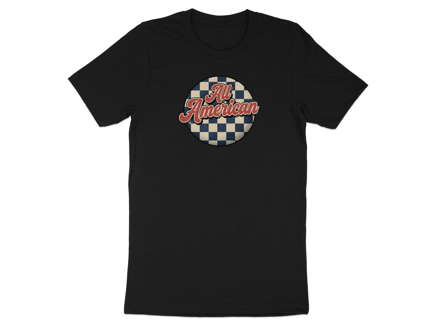 Black t-shirt with "All American" text over a checkered circle logo.