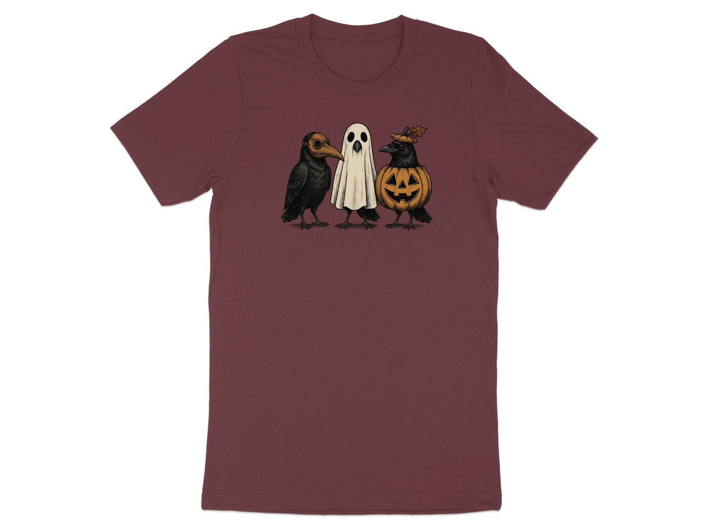 Maroon t-shirt with illustration of a plague doctor crow, ghost, and pumpkin crow.