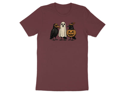 Maroon t-shirt with illustration of a plague doctor crow, ghost, and pumpkin crow.