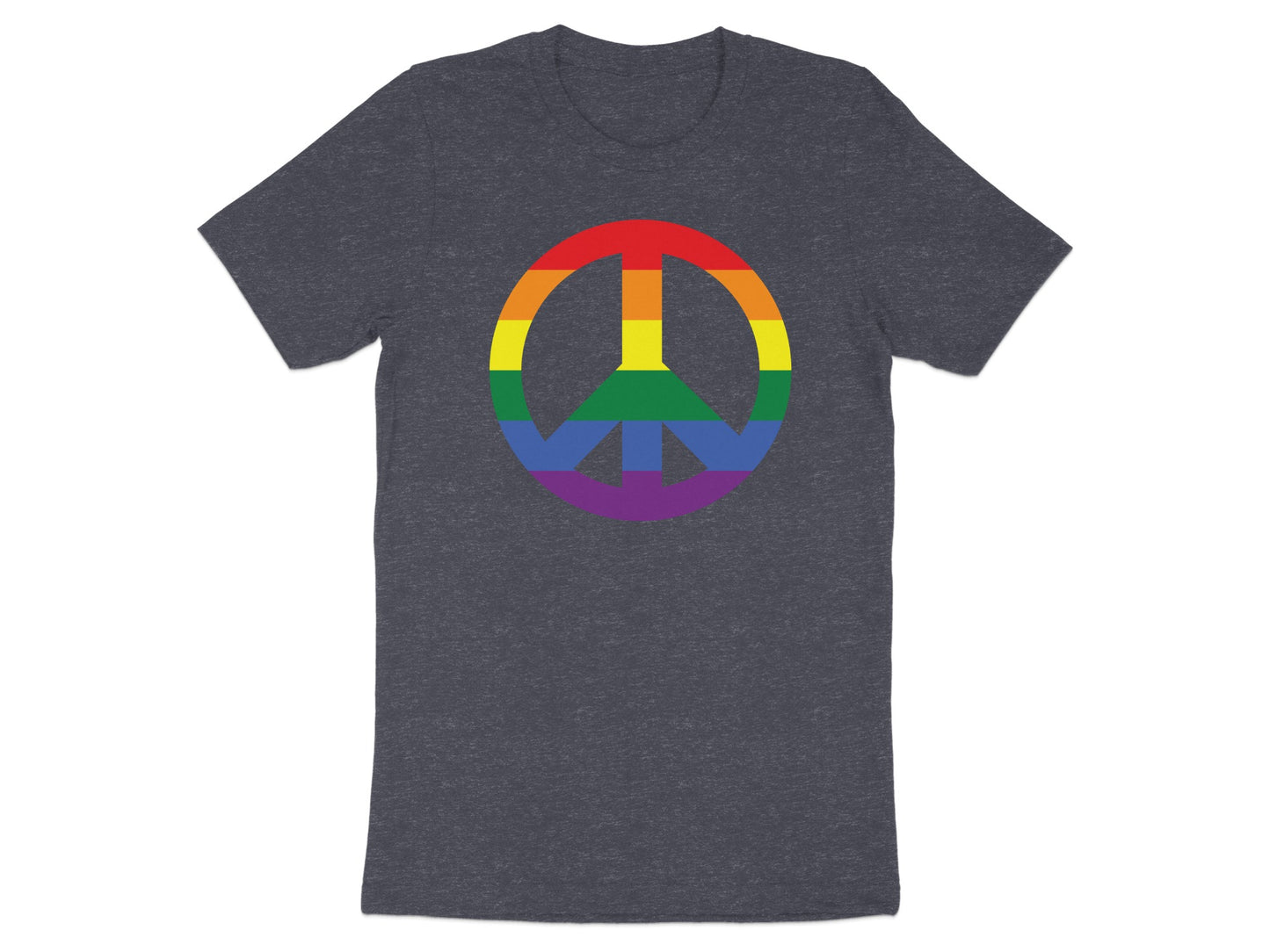 Dark gray t-shirt with a rainbow peace sign graphic.