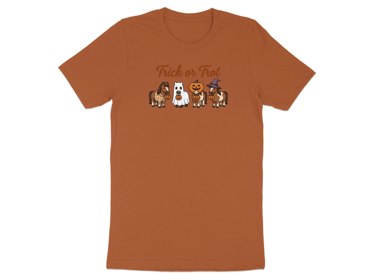 Brown t-shirt with "Trick or Trot" text and cartoon ponies in Halloween costumes.