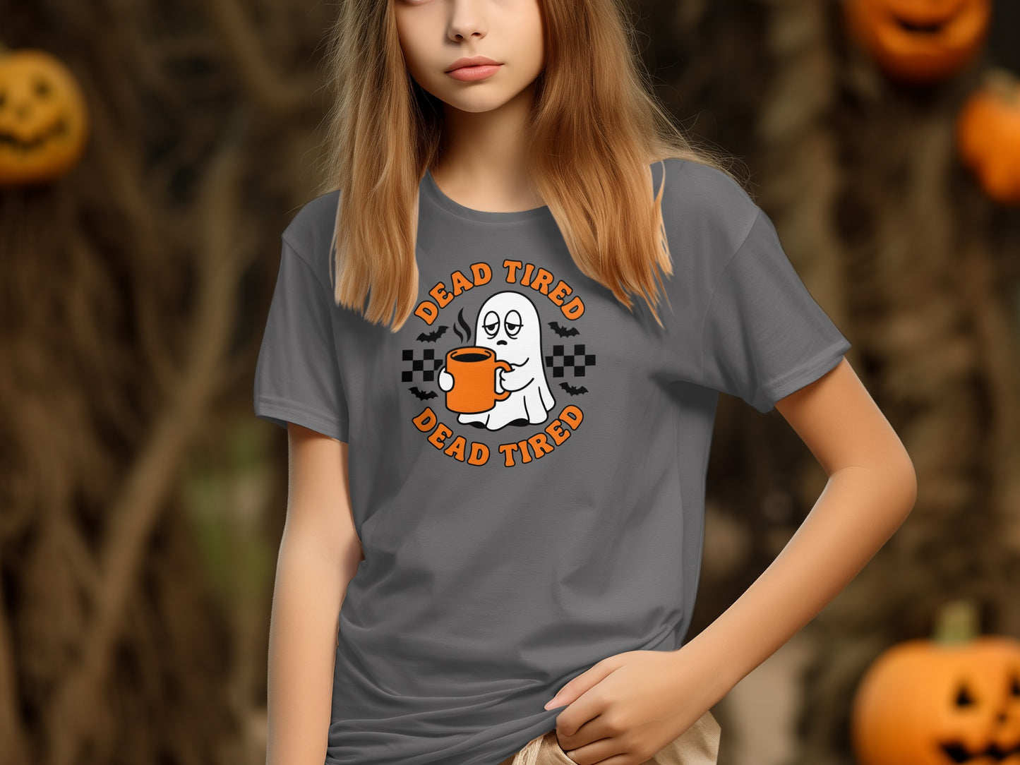 Gray t-shirt with a ghost holding coffee and text "DEAD TIRED".