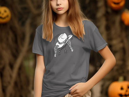 Gray t-shirt with skeleton hands holding a cowboy hat and a spider.