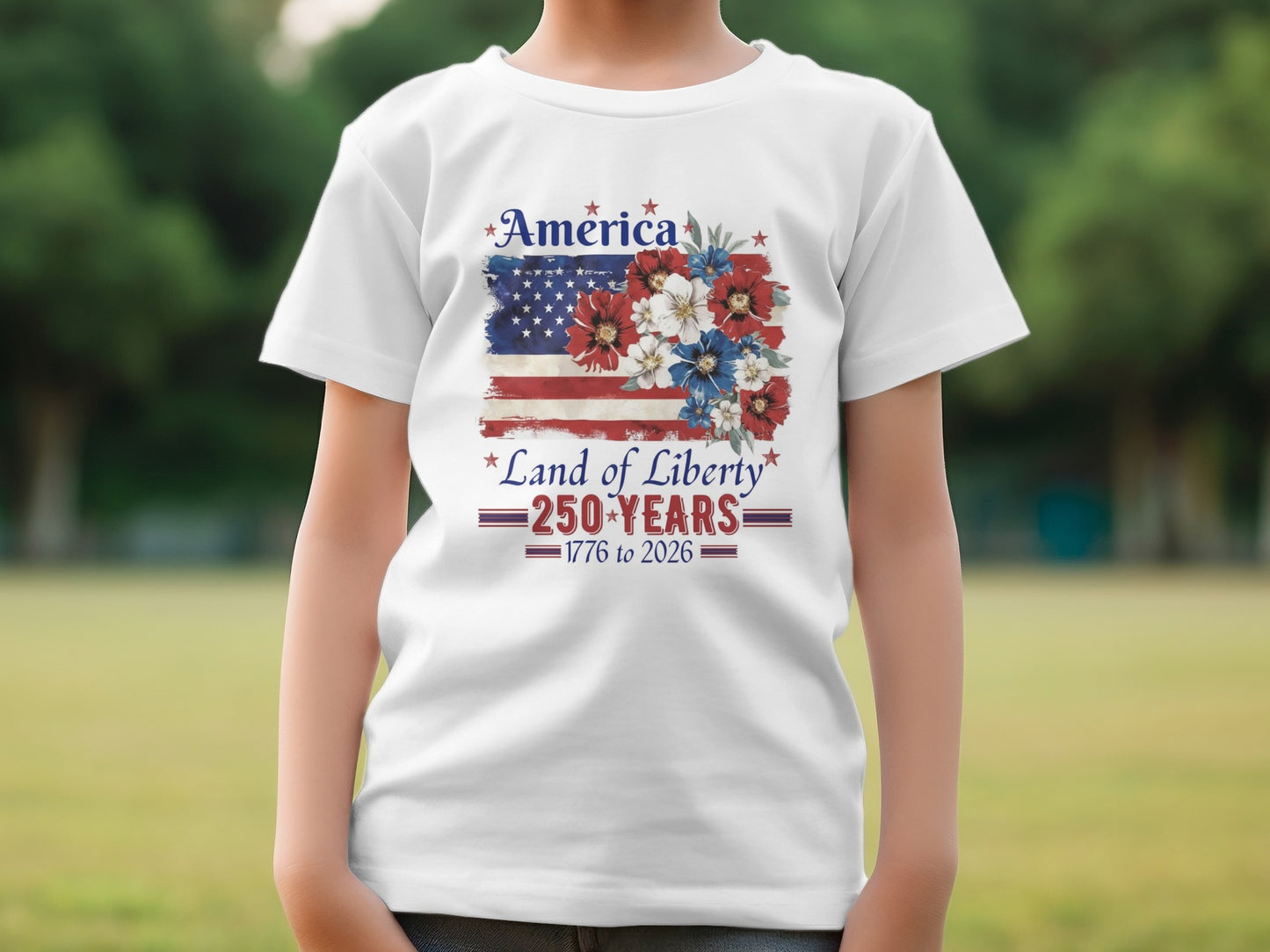 White t-shirt with "America 250 Years 1776 to 2026" and US flag graphic.