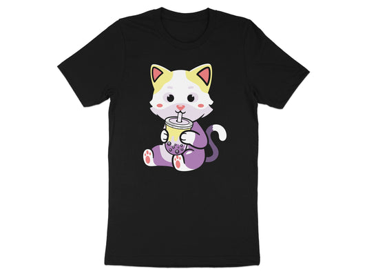 Cute cartoon cat in purple and yellow drinks bubble tea.