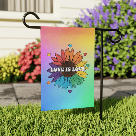Sunflower with "Love is Love" text on a rainbow background with hearts.